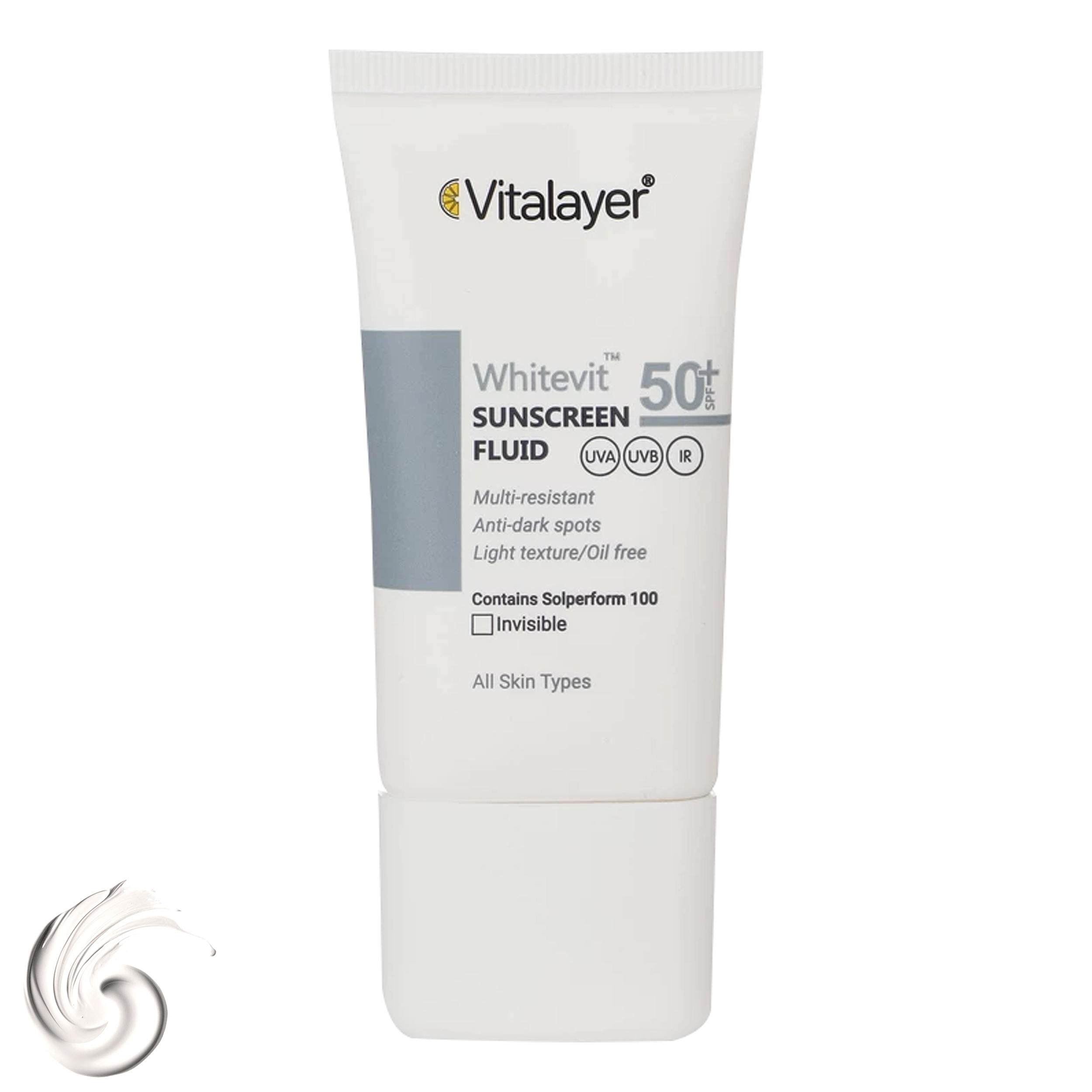 فلوئید ضد آفتاب بدون رنگ ویتالیر SPF50 مدل Whitevit محافظ UVA ،UVB، ضد آب، ضد لک، مناسب انواع پوست حجم 50 میلی‌لیتر