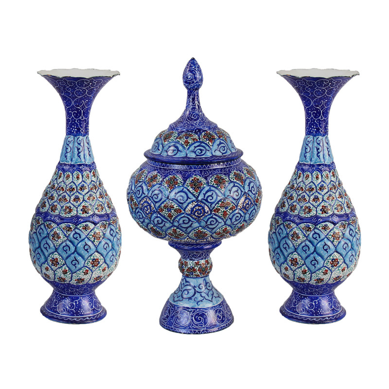 ست 3 تکه گلدان و شکلات خوری میناکاری مدل آسمان