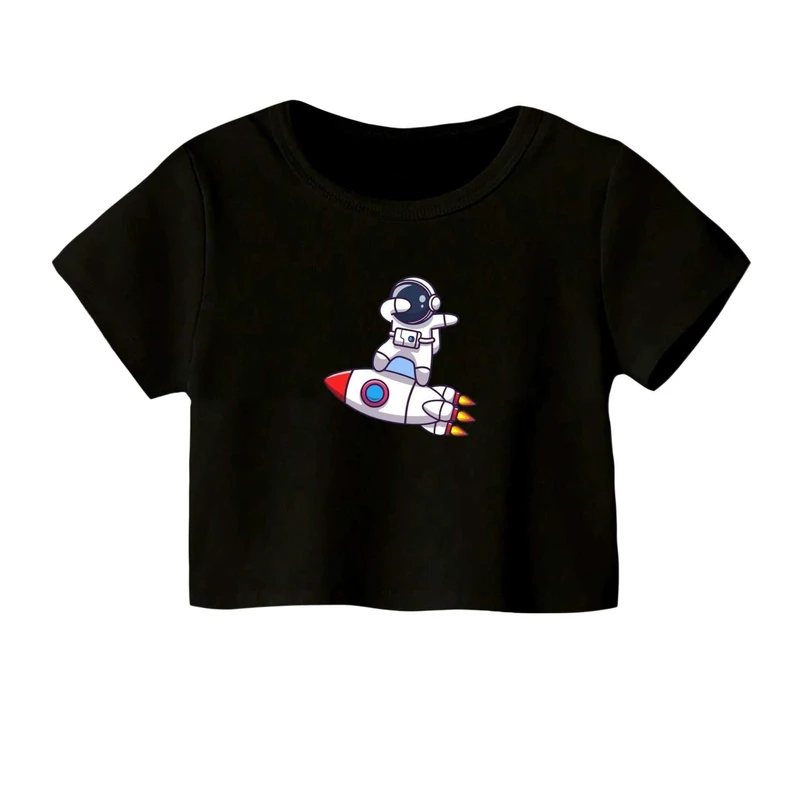 کراپ‌ تی‌شرت آستین کوتاه زنانه مدل فضانورد و موشک رنگ مشکی