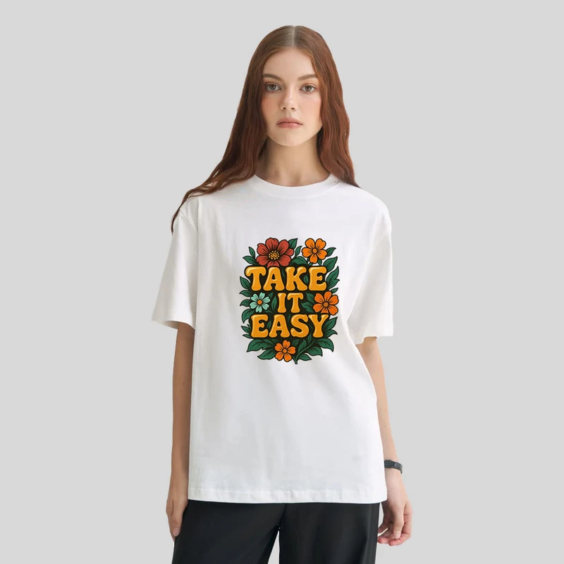 تی شرت باکسی زنانه نخ آستین سه ربع طرح گل دار مدل TAKE IS EASY