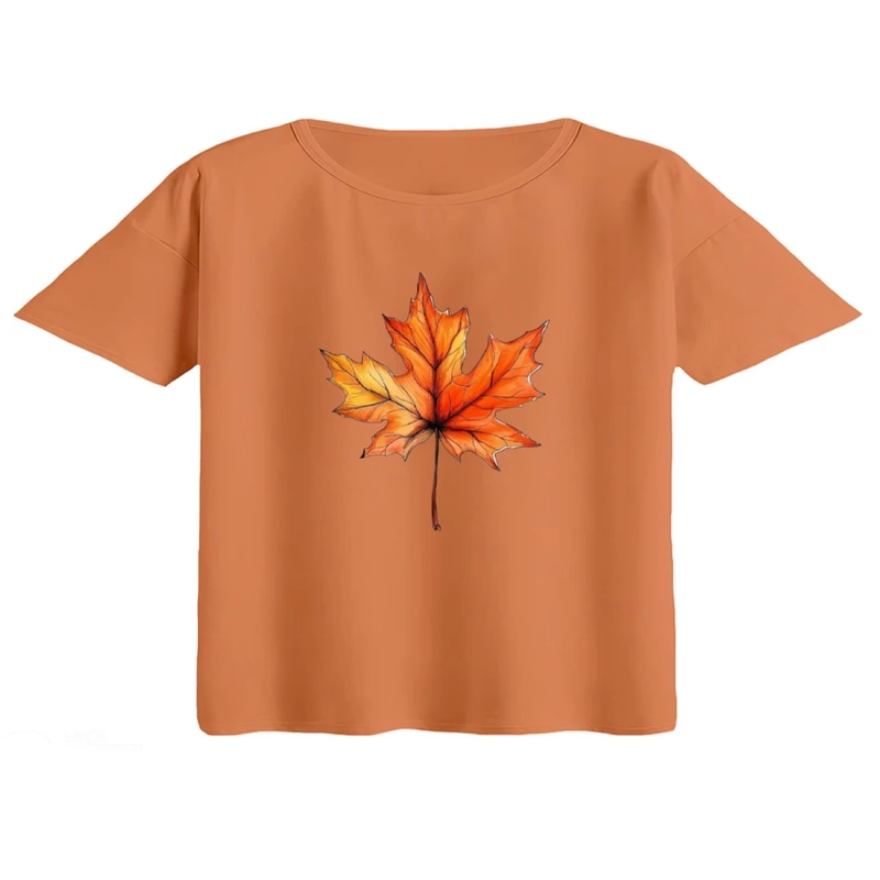 کراپ تی‌شرت آستین کوتاه زنانه مدل برگ پاییز