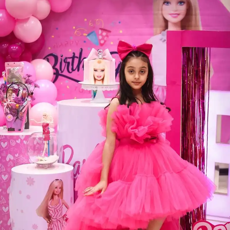 ست پیراهن و گیره مو دخترانه مدل مجلسی پفی پرنسسی رنگ سرخابی