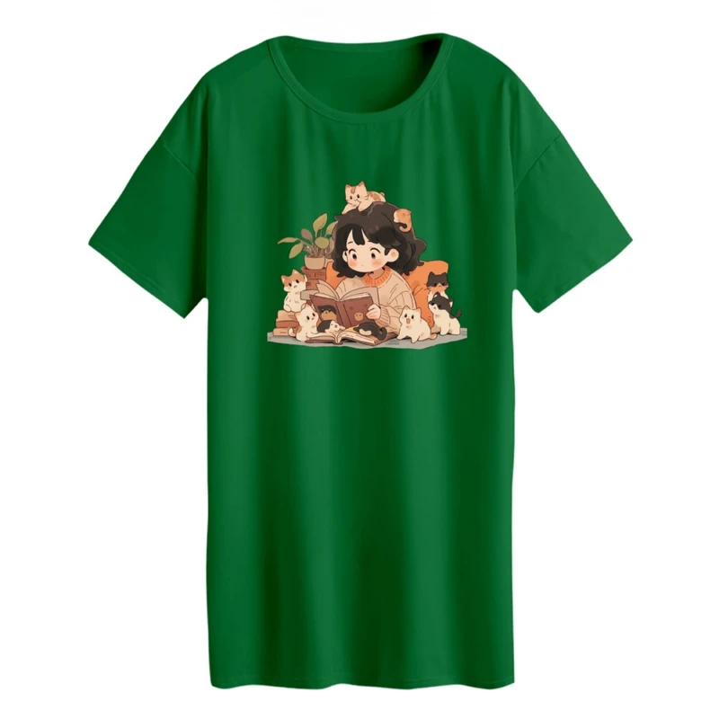 تی شرت لانگ زنانه مدل دخترک و گربه ها