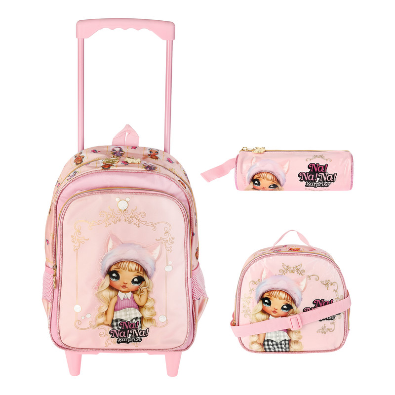 کوله پشتی چرخ دار مدرسه مدل نانا به همراه کیف دستی و جامدادی 