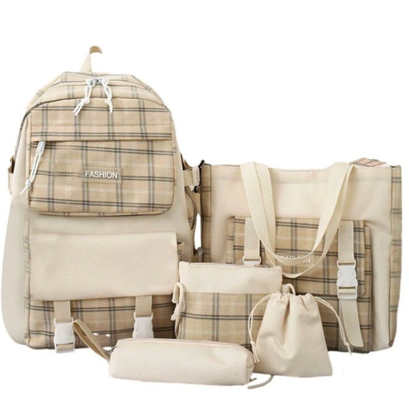 کوله پشتی فشلون مدل چهارخانه 002 به همراه جامدادی وکیف رودوشی وکیف دستی وکیف مدارک مجموعه 5 عددی