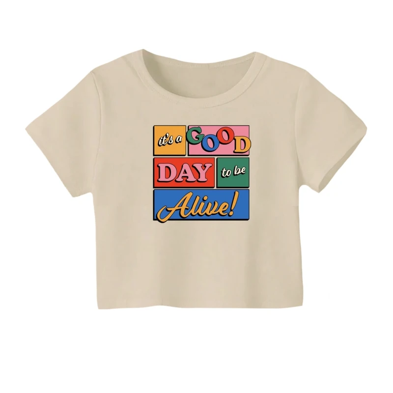 کراپ‌ تی‌شرت آستین کوتاه زنانه مدل نوشته رنگی رنگ کرم 