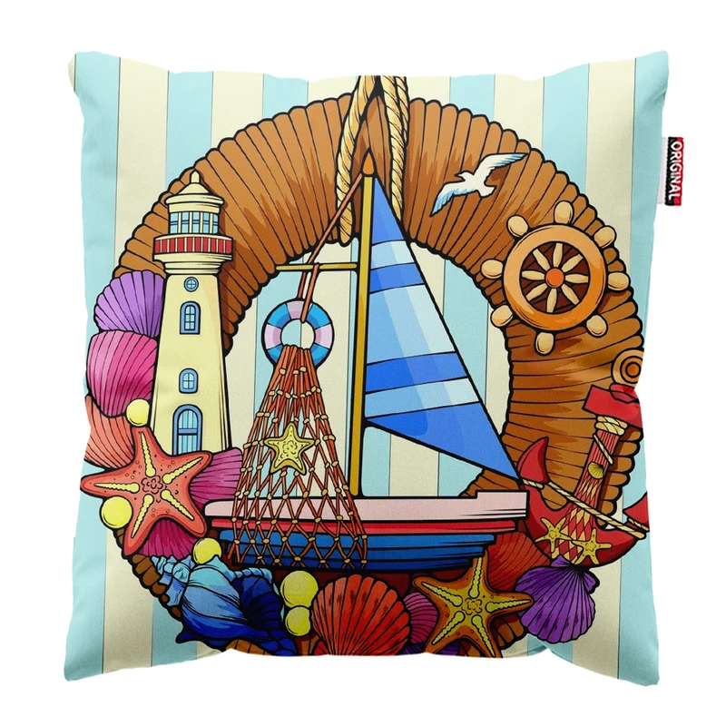 کوسن پاد آفرین مدل دریا طرح ساحل کشتی صدف کد PK402430 سایز 40*40 سانتی متر