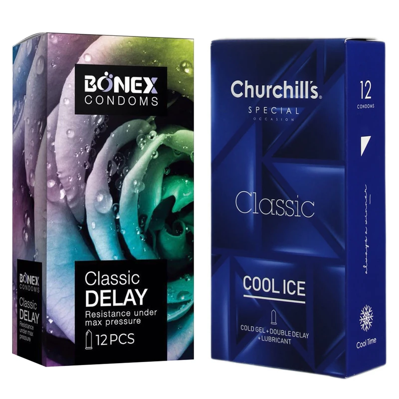 کاندوم چرچیلز مدل Cool Ice بسته 12 عددی به همراه کاندوم بونکس مدل Classic Delay بسته 12 عددی