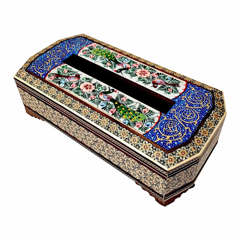 جعبه دستمال کاغذی خاتم کاری چوبی طرح گل و مرغ مدل مجلس کد 8zg