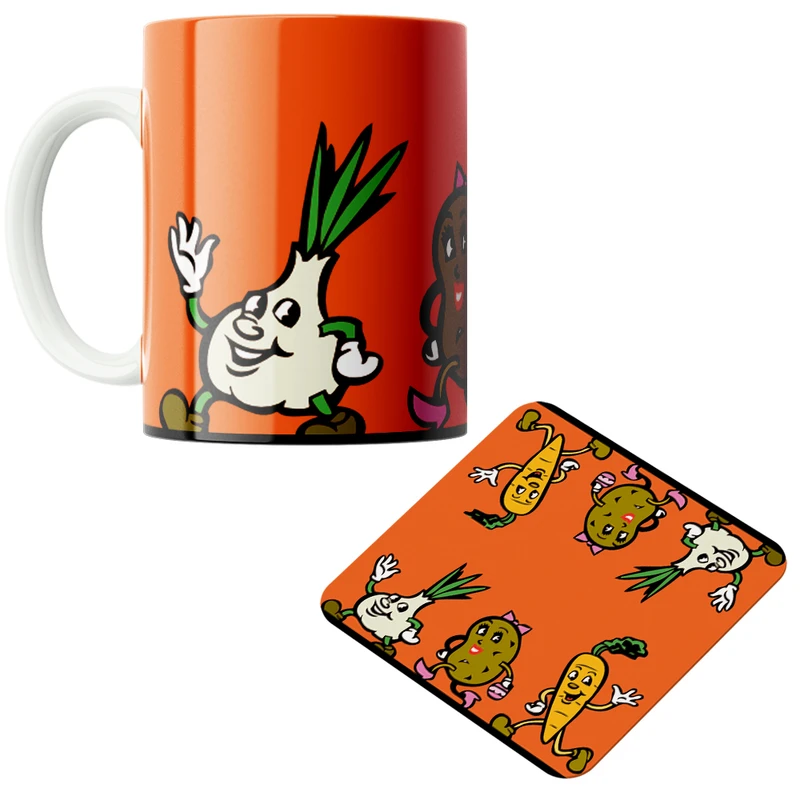 ماگ پاد آفرین مدل هویج، سیب زمینی، سیر کد DKC379 به همراه زیر لیوانی