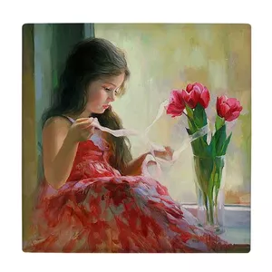  زیر لیوانی  طرح نقاشی دختر و گلدان گل کد    5849981_4343