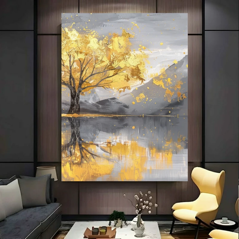 پوستر پارچه ای طرح مخمل  درخت پاییزی مدل دریاچه PY706
