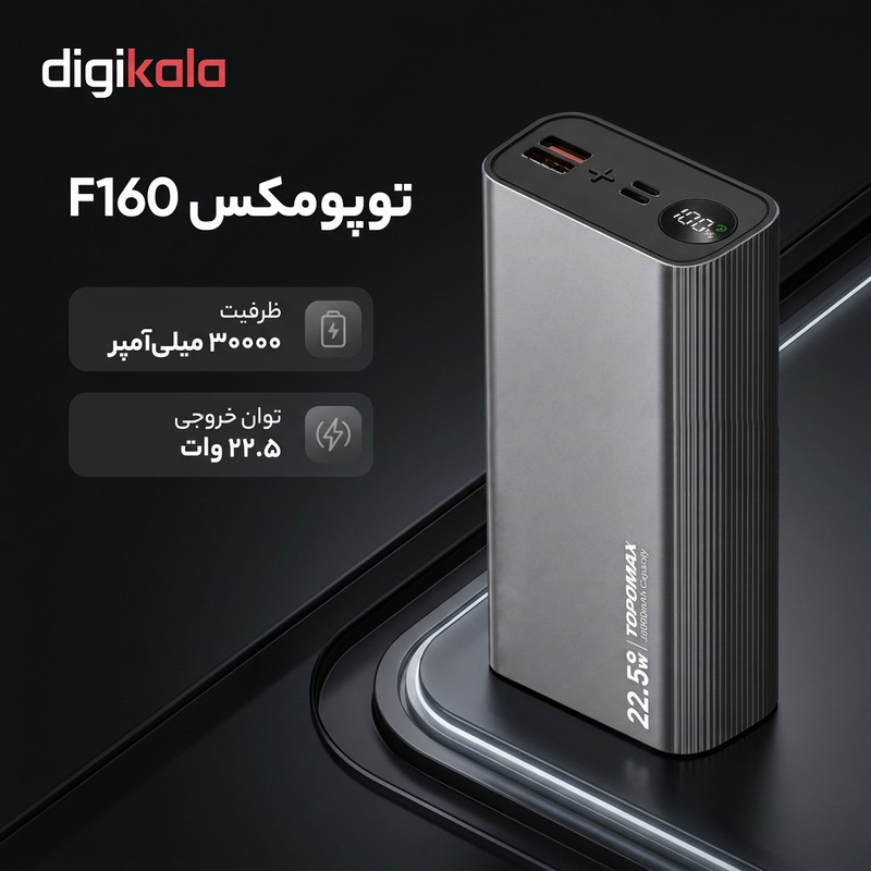 پاوربانک 22.5 وات توپومکس مدل F160 ظرفیت 30000 میلی آمپر ساعت به همراه کابل USB-C