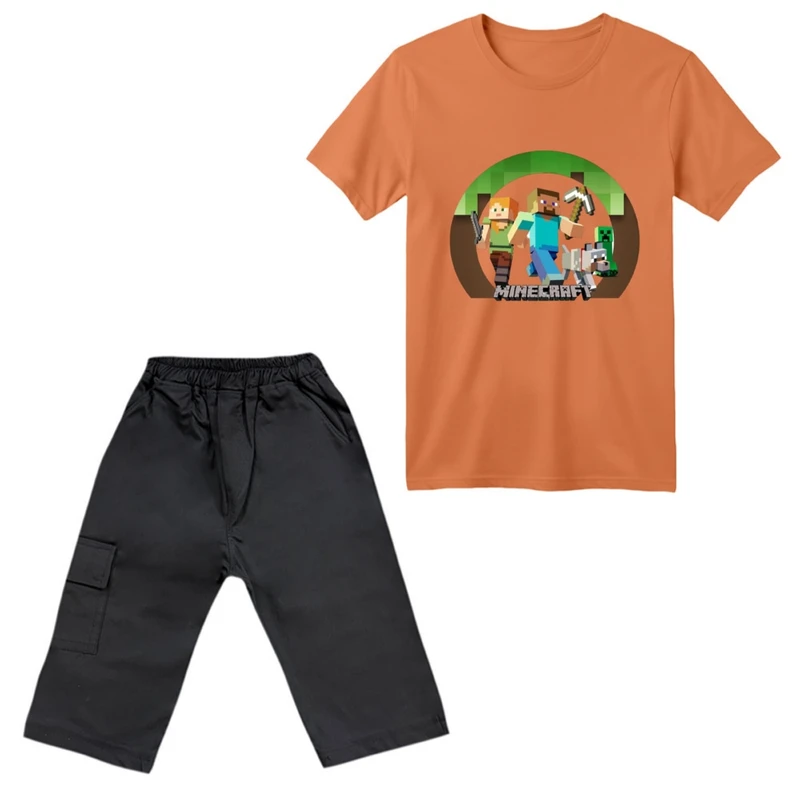ست تی‌شرت آستین کوتاه و شلوارک پسرانه مدل ماینکرفت کد ۱ رنگ گلبهی