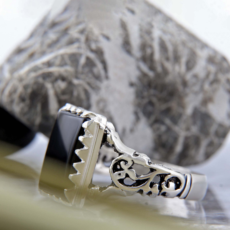 انگشتر نقره مردانه بازرگانی میلادی مدل رکاب سیلندری عقیق سیاه کد AM_4134