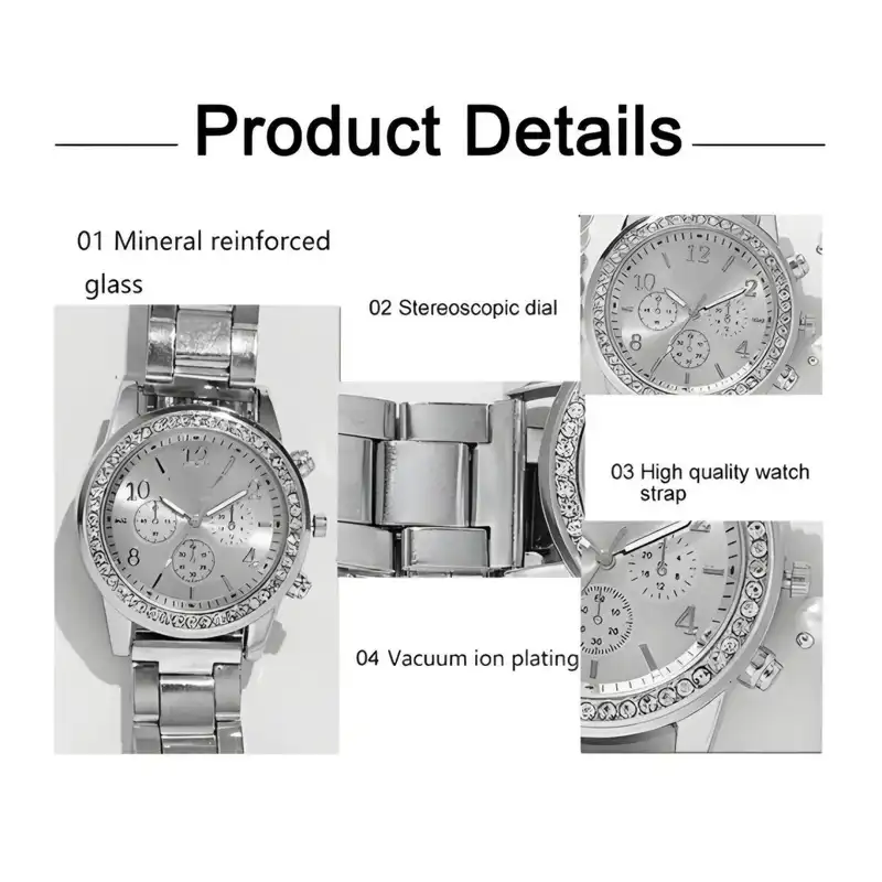 ساعت مچی عقربه ای زنانه مدل تک موتوره بند فلزی دور نگین کد 02