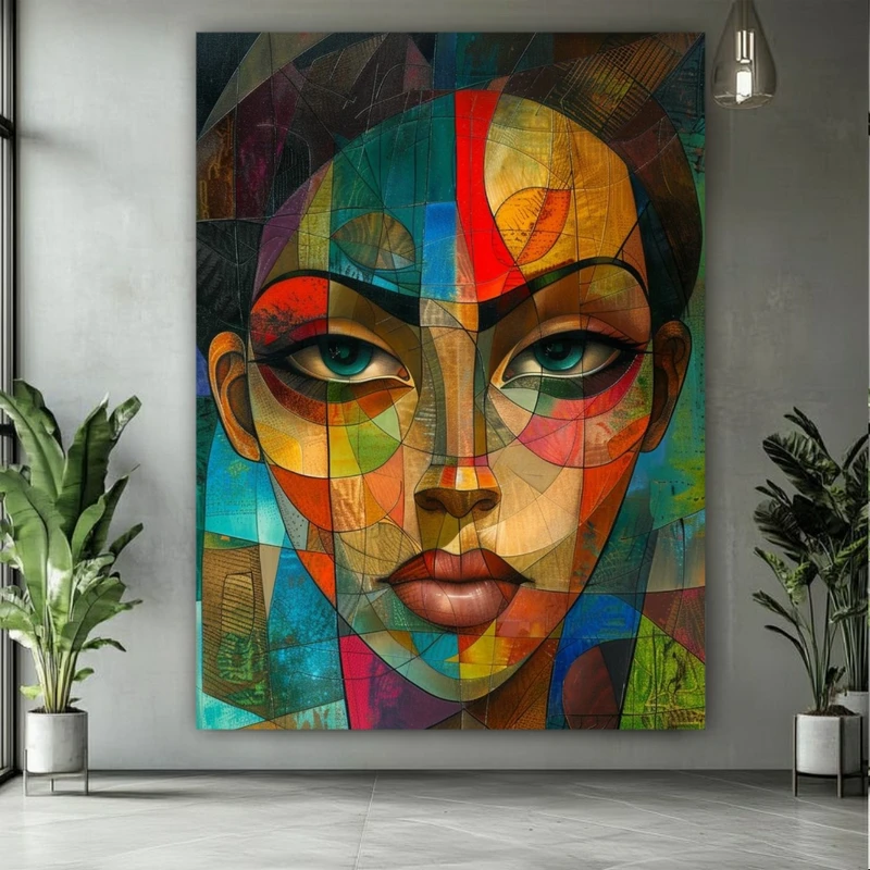 تابلو بوم طرح مخمل انتزاعی چهره زیبا مدل کوبیسم رنگارنگ کد FP106256