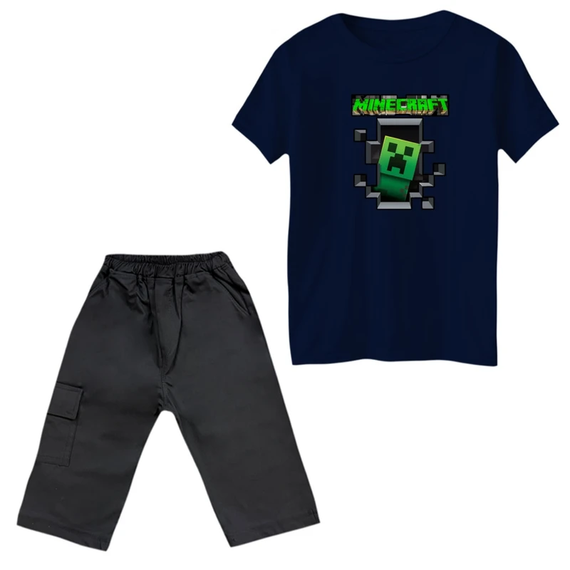ست تی‌شرت و شلوارک پسرانه مدل ماینکرفت کد 003 رنگ سرمه ای