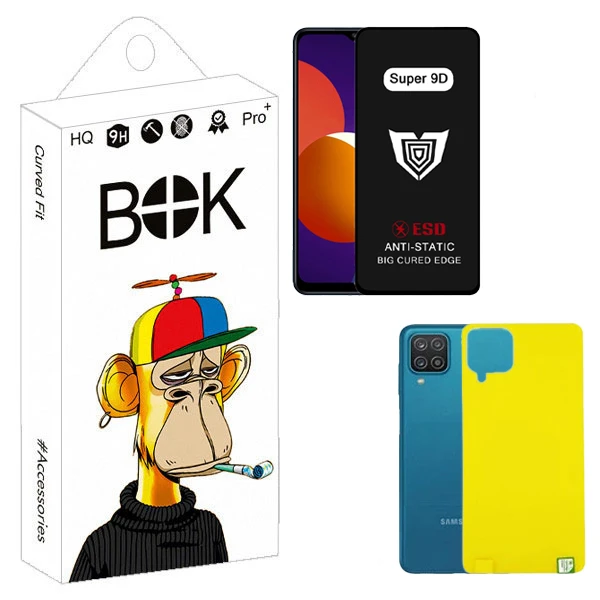محافظ صفحه نمایش بوک مدل Super 9D Guard مناسب برای گوشی موبایل سامسونگ galaxy a12 به همراه محافظ پشت گوشی