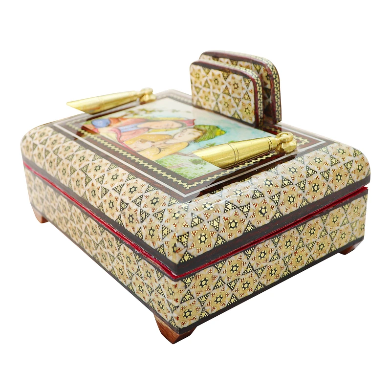 قلمدان خاتم کاری چوبی صنایع دستی فاخر مدل اداری طرح بیژن و منیژه کد 15p10-1f2