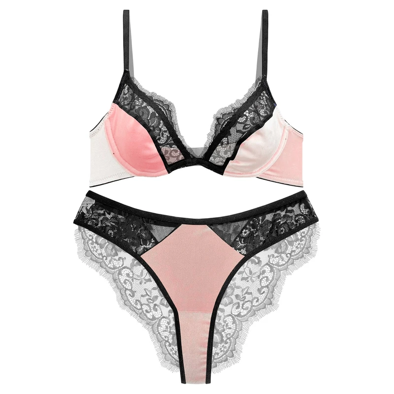 ست شورت و سوتین زنانه نوشه پوش مدل مخمل دانتل مژه‌ای