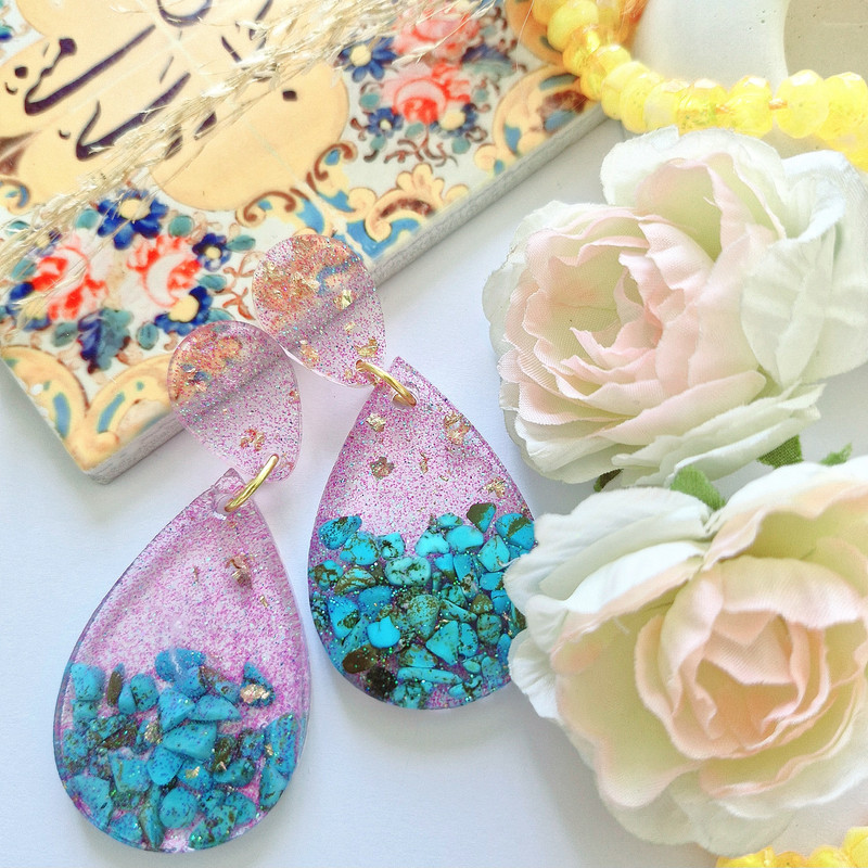 گوشواره دست ساز زنانه مدل اشک سنگ فیروزه 