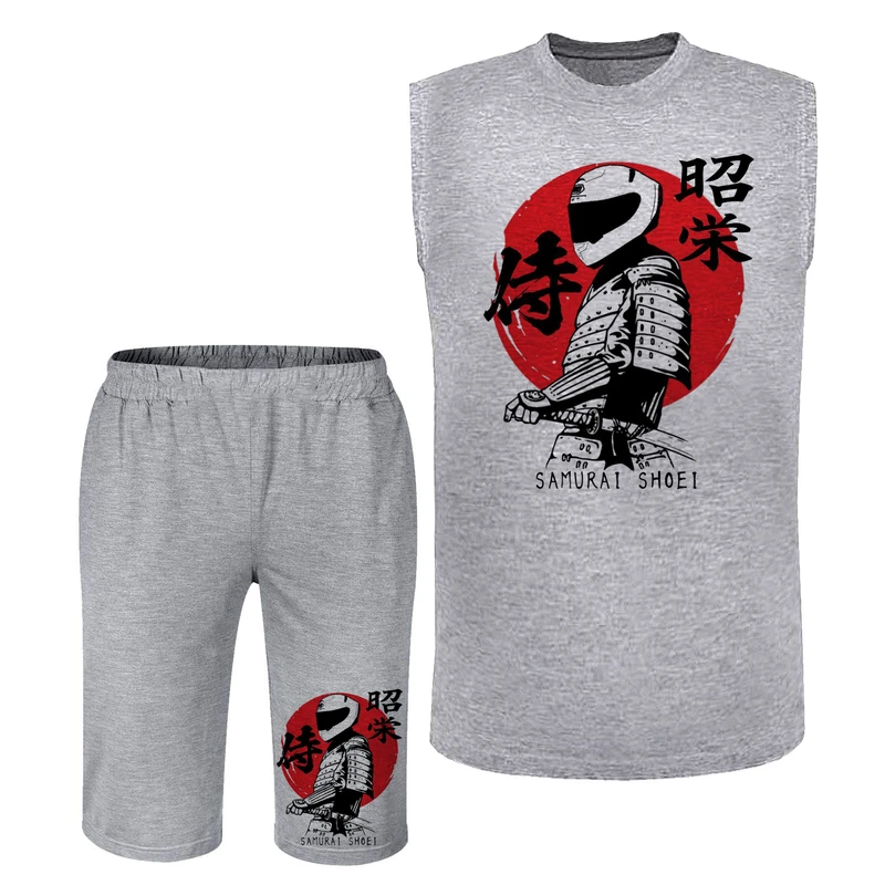 ست تاپ و شلوارک راحتی مردانه مدل A445 طرح سامورایی رنگ طوسی