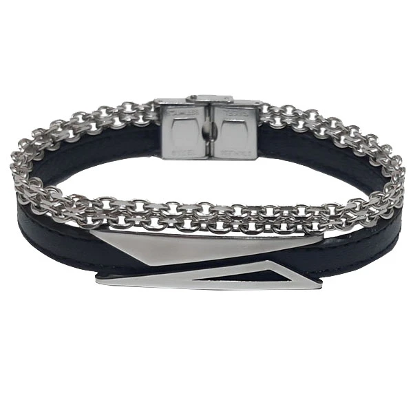 دستبند مردانه مدل چرم و زنجیر با پلاک مثلث توپر