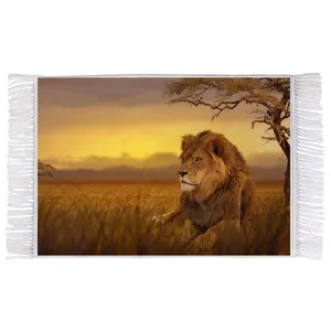 فرش ماشینی دیوارکوب اطلس آبی طرح شیر نر و درخت مدل T1627 