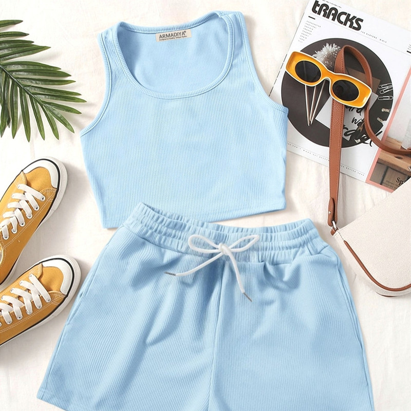 ست کراپ تاپ و شلوارک زنانه آرمادیا مدل کبریتی یقه اسکوپی کد BL16