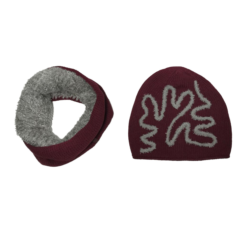 ست کلاه و شال گردن بافتنی بچگانه تارتن مدل 70025 رنگ زرشکی