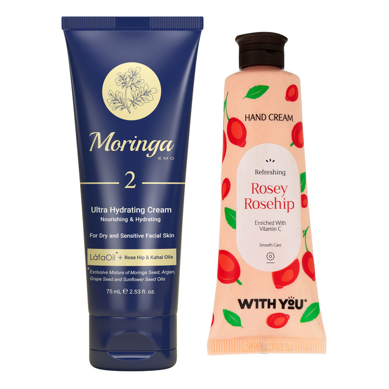 کرم مورینگا امو مدل رز هیپ حجم 75 میلی لیتر به همراه کرم مرطوب کننده ویت یو مدل Rosey Rosehip حجم 50 میلی لیتر