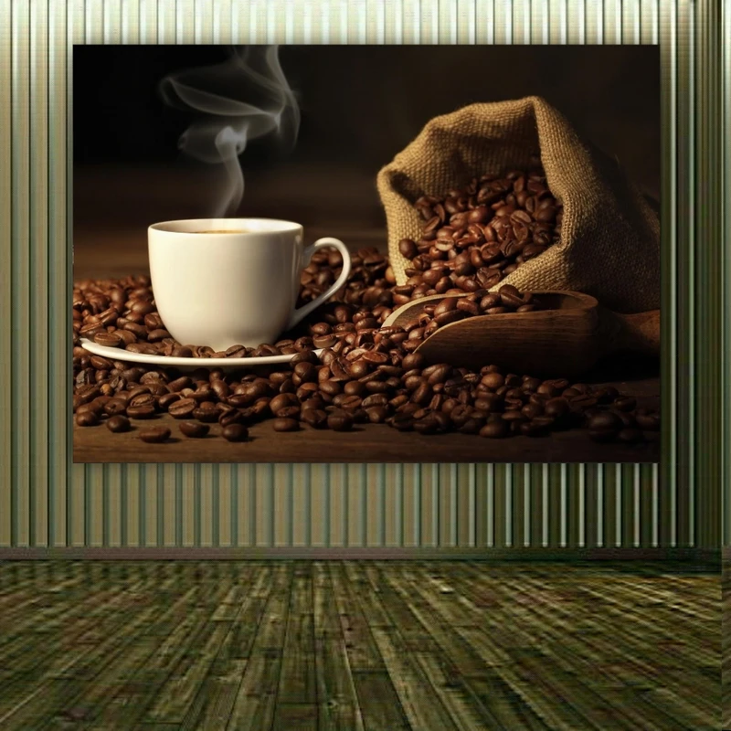 پوستر پارچه ای طرح فنجان و دانه های قهوه کد BK1477