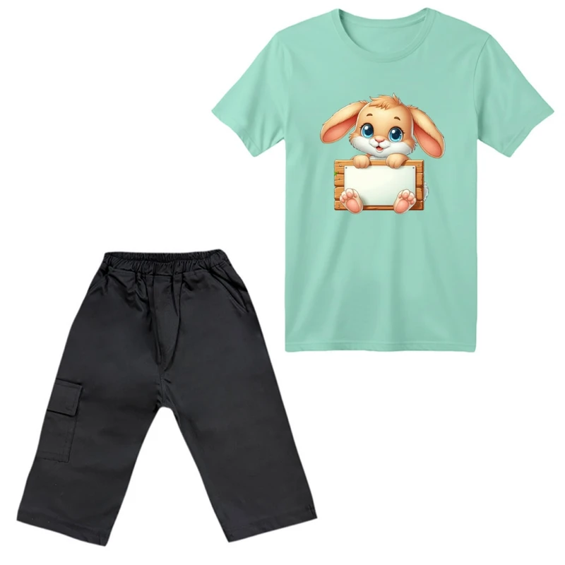 ست تی‌شرت آستین کوتاه و شلوارک دخترانه مدل خرگوش