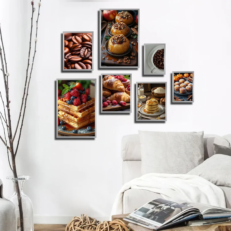 تابلو بکلیت طرح کافی شاپ و رستوران و شیرینی و کیک مدل SI-3801 فریم نقره ای مجموعه 7 عددی