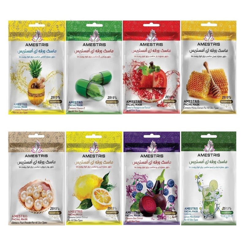 ماسک صورت آمستریس مدل میوه ای مناسب برای پوست خشک وزن 25 گرم بسته 8 عددی