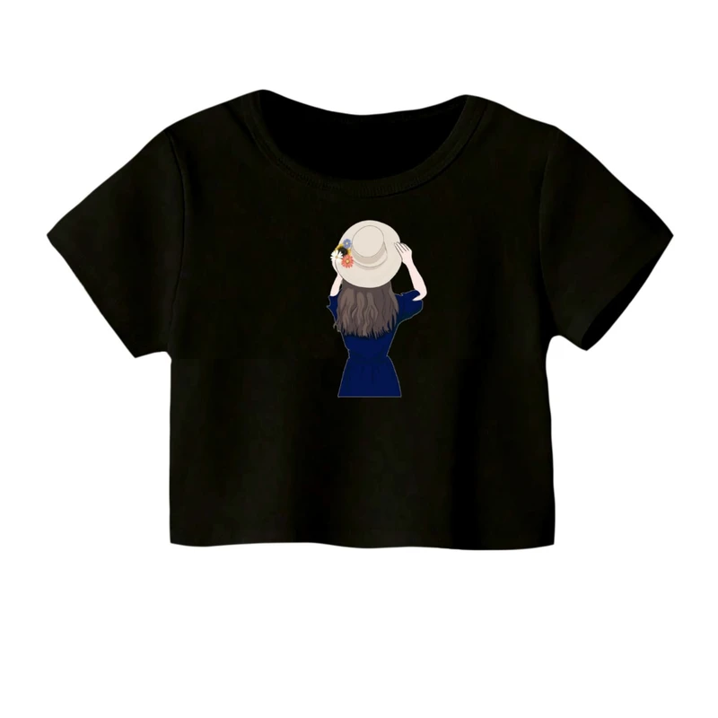 کراپ‌ تی‌شرت آستین کوتاه زنانه مدل دختر و کلاه