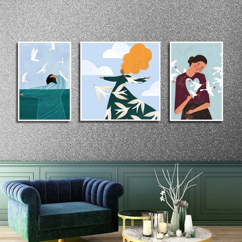 تابلو بکلیت طرح نقاشی فانتزی و پرنده مدل W-2311 مجموعه 3 عددی