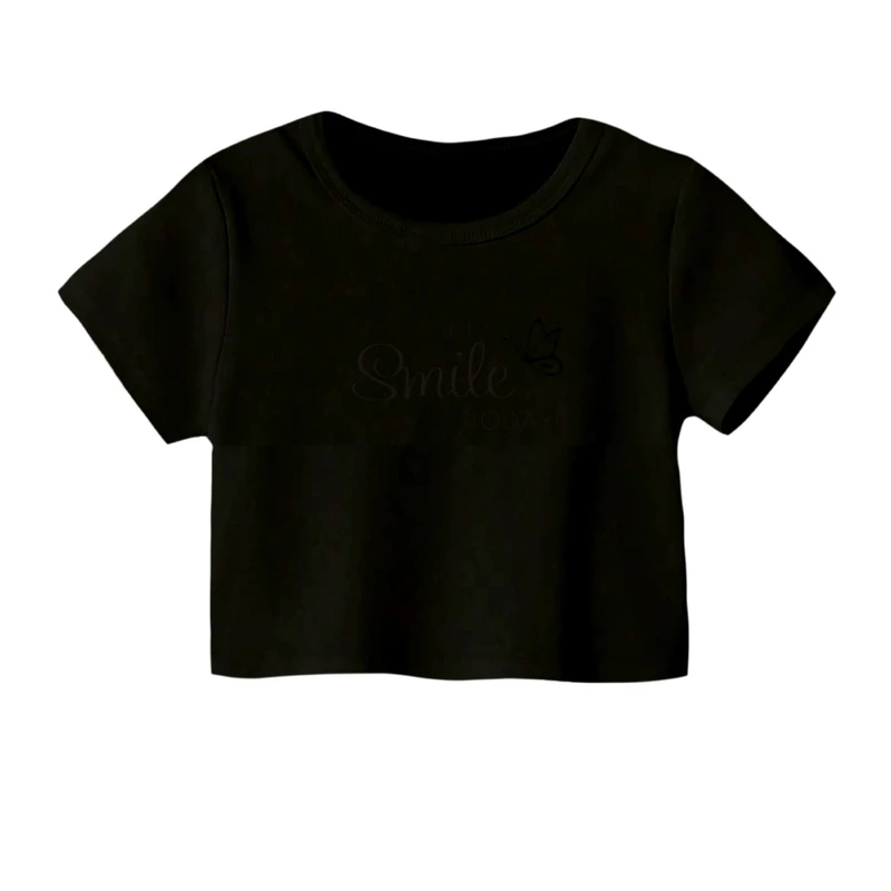 کراپ‌ تی‌شرت آستین کوتاه زنانه مدل تکست لبخند کد 01