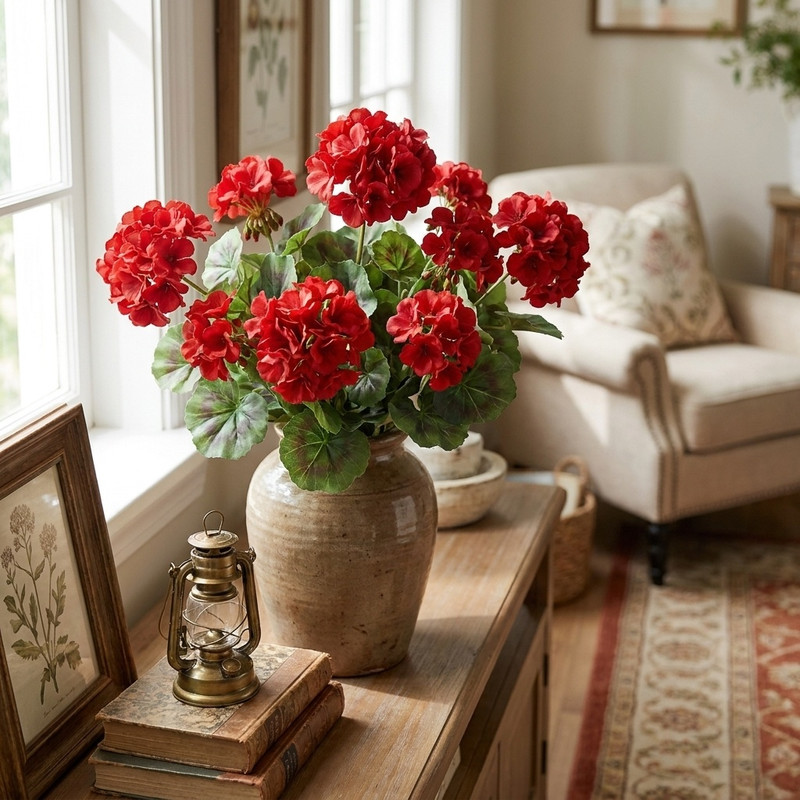 گل مصنوعی طرح شمعدانی 9 شاخه پر گل پارچه‌ای کد RD44، ابعاد 48×24×15 سانتی‌متر، وزن 100 گرم