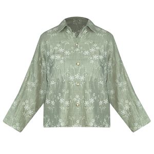 شومیز آستین بلند یقه برگردان زنانه مدل کلوش لینن خامه دوزی کد AK1302 رنگ سبز