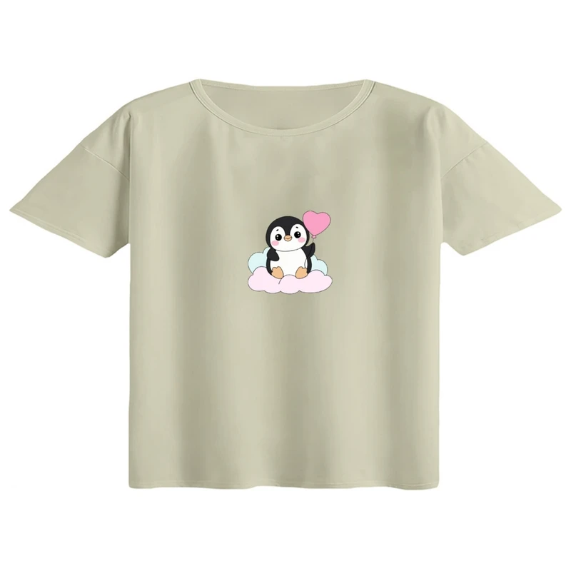کراپ تی‌شرت آستین کوتاه زنانه مدل پنگوین بادکنک کد 01