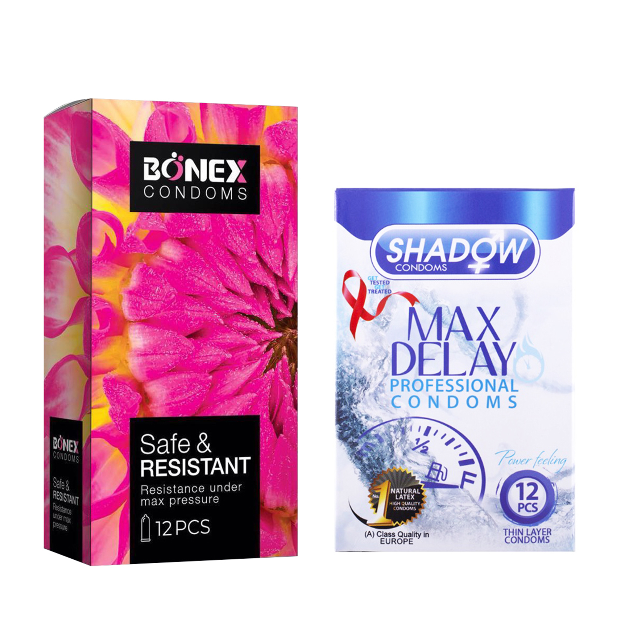 کاندوم بونکس مدل Safe & Resistant بسته 12 عددی به همراه کاندوم شادو مدل Max Delay بسته 12 عددی