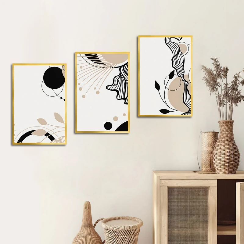 تابلو ساده بکلیت طرح نقاشی مدرن مینیمال مدل شاین اکلیلی T-3081 فریم طلایی مجموعه 3 عددی 