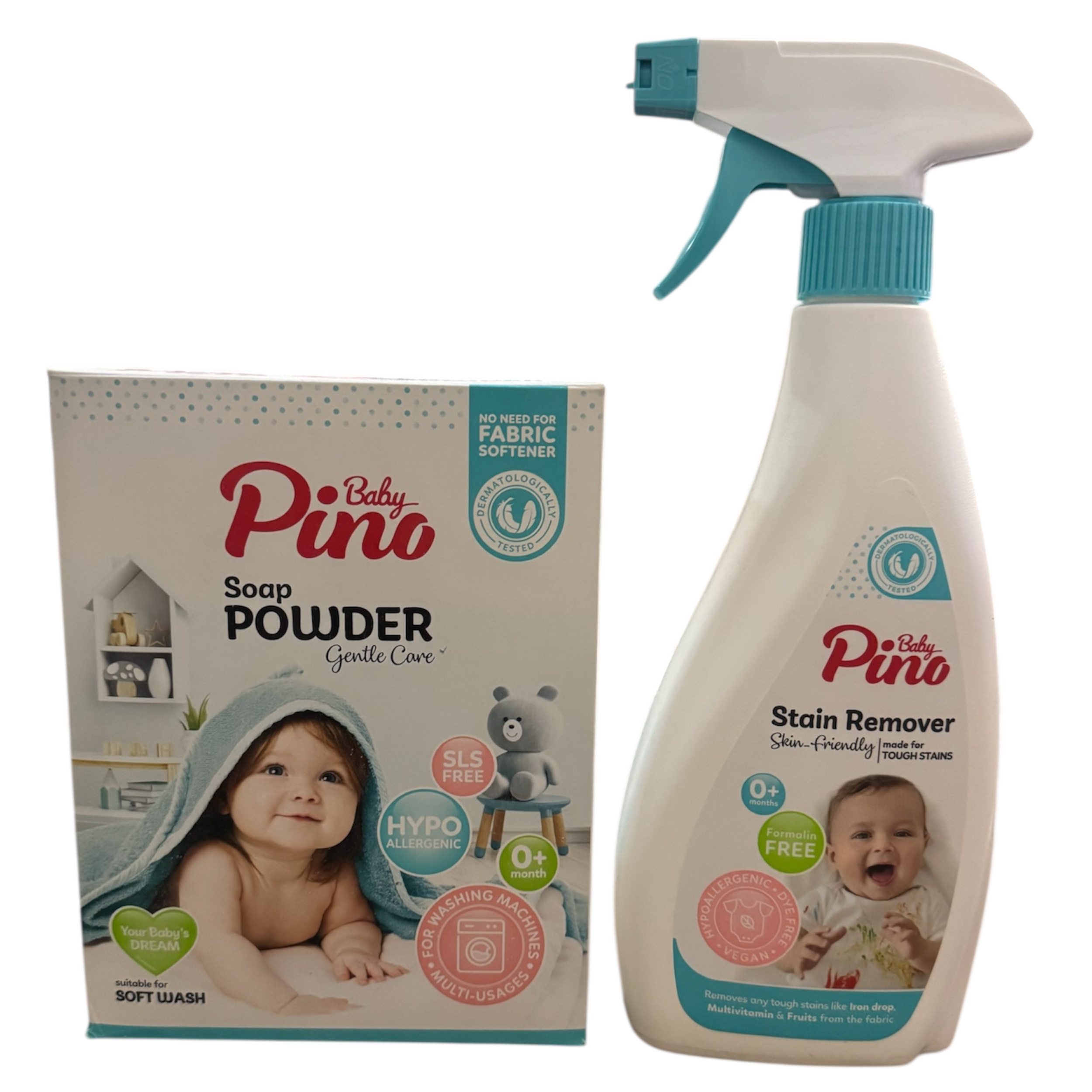 اسپری لکه بر لباس و پودر صابون لباسشویی پینو بیبی مدل Baby1 وزن 900 گرم مجموعه ۲ عددی