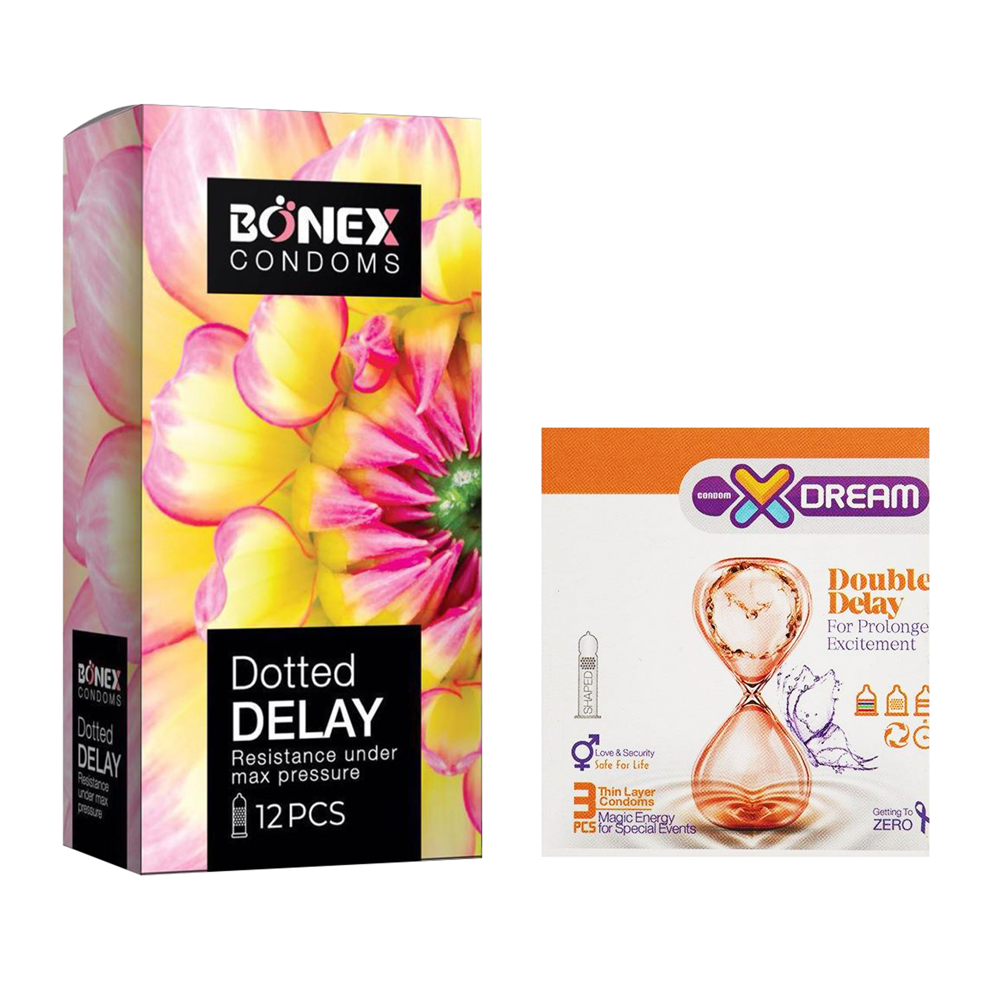 کاندوم بونکس مدل Dotted Delay بسته 12 عددی به همراه کاندوم ایکس دریم مدل Double Delay بسته 3 عددی