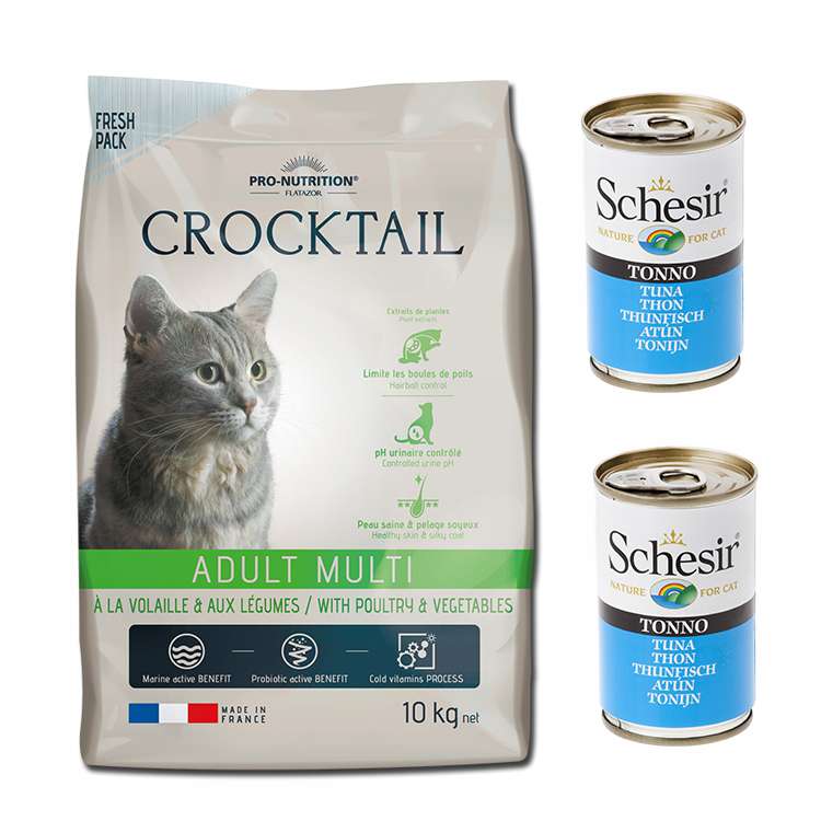 غذای خشک گربه فلاتازور مرغ و سبزیجات وزن 10 کیلوگرم به همراه 2 عدد کنسرو ماهی تن