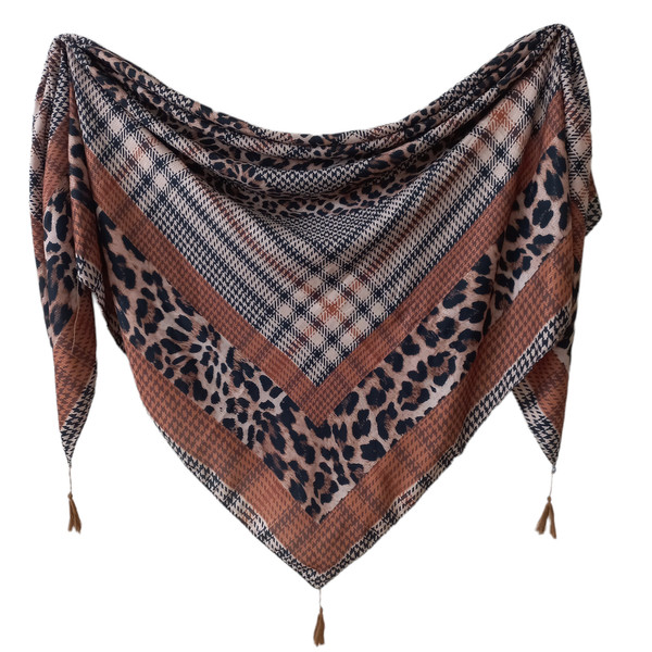 روسری زنانه مدل پلنگی چهارخانه قواره بزرگ پاییزی منگوله دار