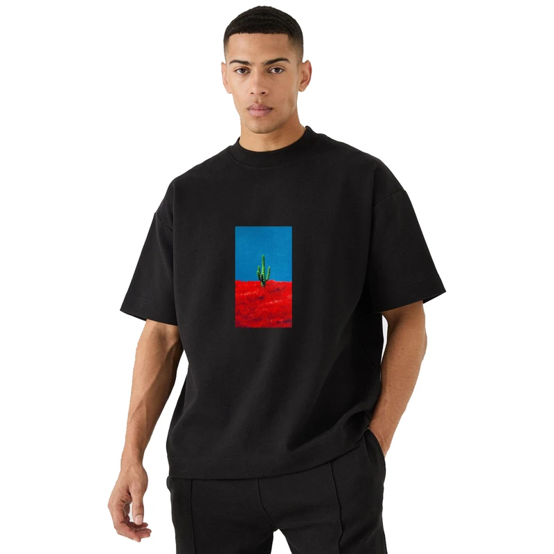 تی‌شرت آستین سه ربع مردانه مدل باکسی طرح کاکتوس کد EX0012