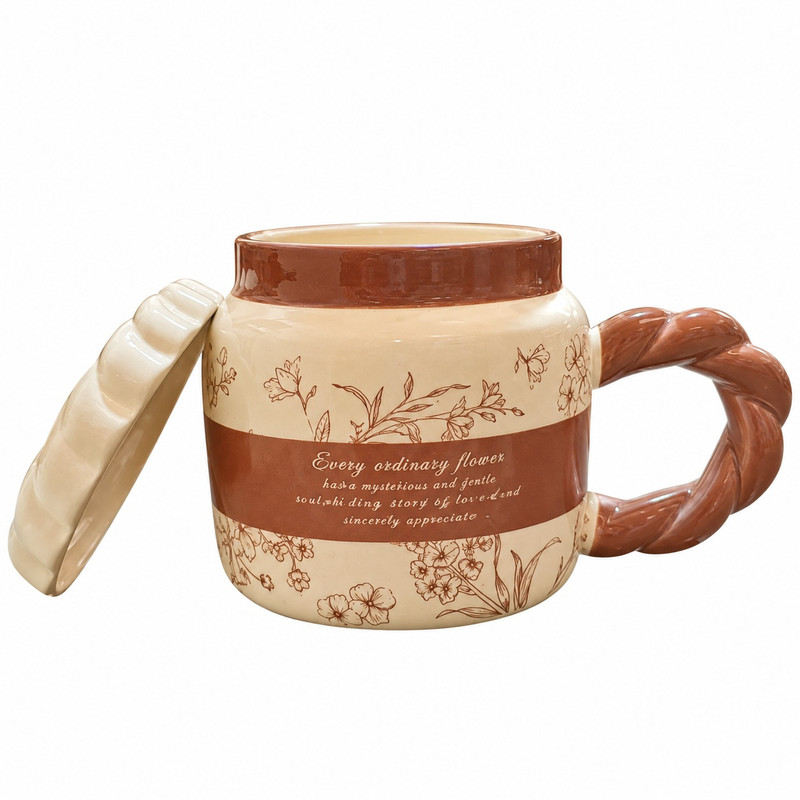 ماگ مدل سرامیکی درب‌دار طرح گل با دسته پیچ‌خورده soosoo45
